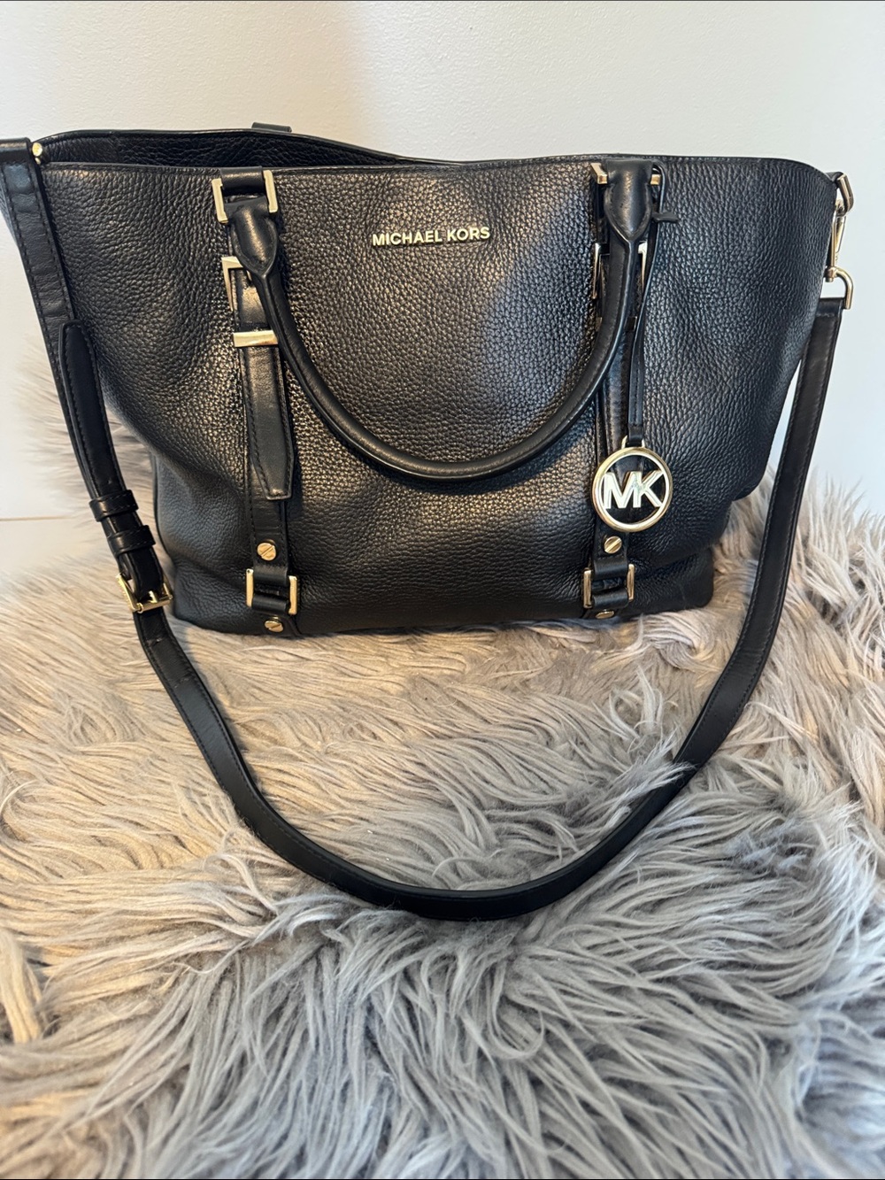 Michael Kors Black Pebbled Leather Tote with Gold Hardware